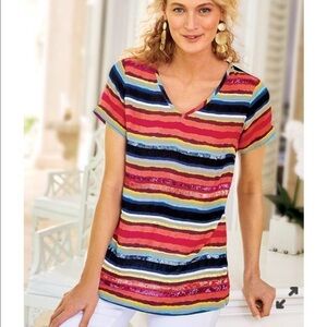 Soft Surroundings Women’s Colorful Striped Sequins Colorista Tunic Tee MP